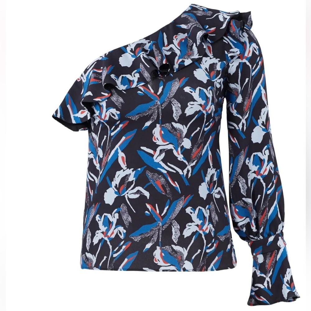 Tanya Taylor Orla Blue Black Red‎ Flora One Shoulder Silk Ruffle Top Size 12 - Picture 7 of 12